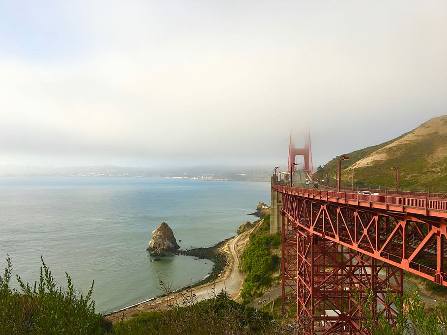 View by the Gate, red metal bridge in front sea, architecture HD wallpaper