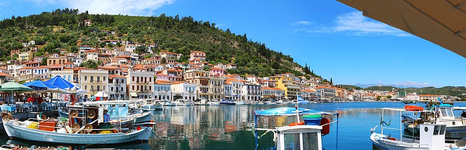 boat of body of water near buildings, Port, Greece, Boot, Ship HD wallpaper