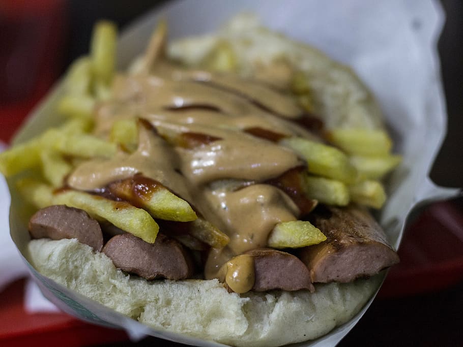 burger, sausage, fries, potatoes, hamburger, hot, lunch, barbecue, HD wallpaper