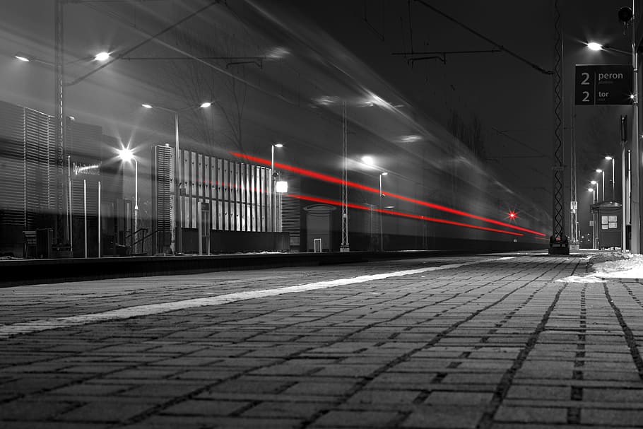 selective color photo of concrete bricks, train, traffic, pulse HD wallpaper