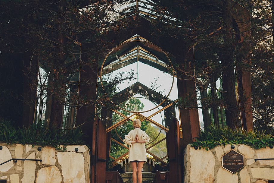 woman standing in front of wooden arch, architecture, religion HD wallpaper