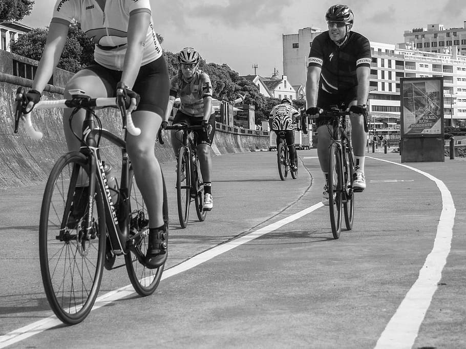 two wheels, ride, cyclists, monochrome, bicycle, sport, transportation HD wallpaper