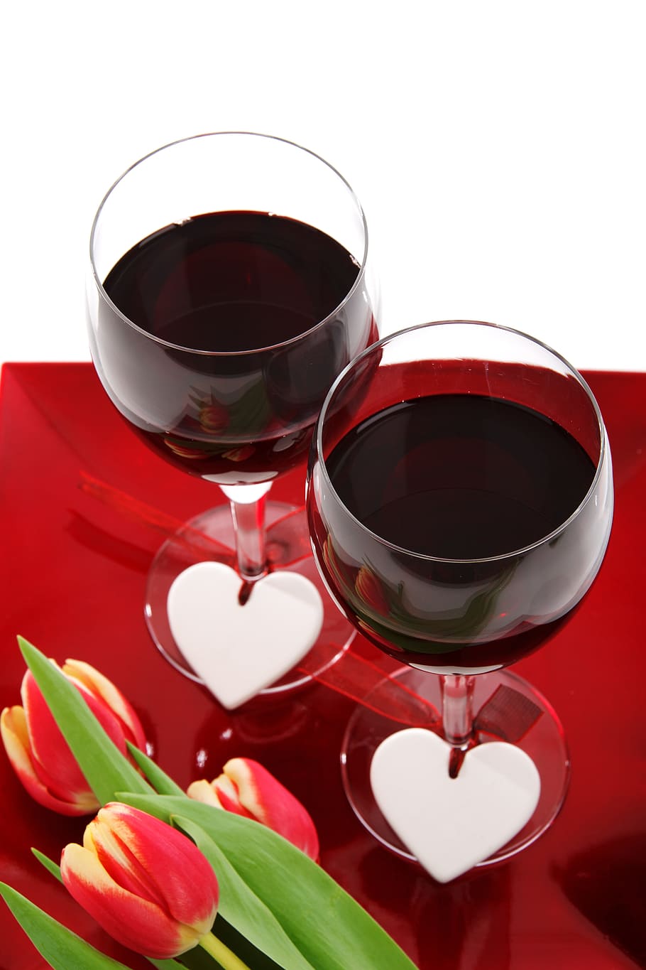 two half-full wine glasses beside tulips, Anniversary, Celebration, HD wallpaper