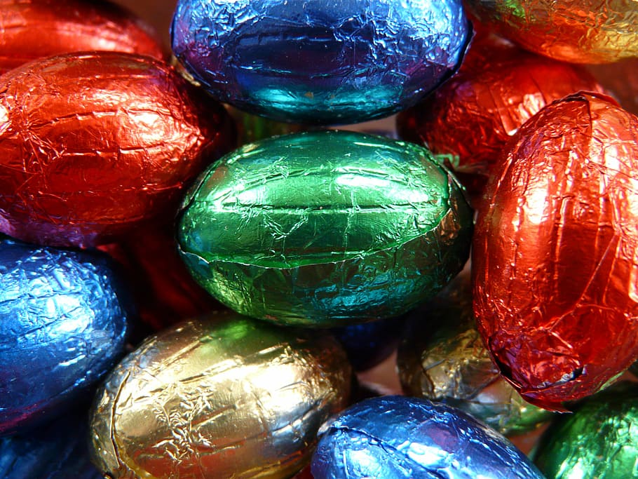 easter eggs, sweetness, nibble, chocolate, colorful, silver foil HD wallpaper