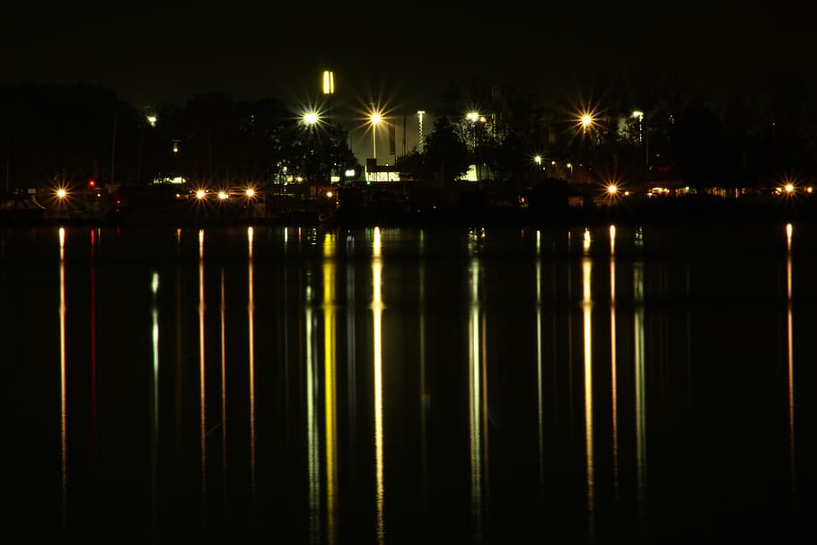 night, water, light, reflect, reflection, dark, herderwijk HD wallpaper