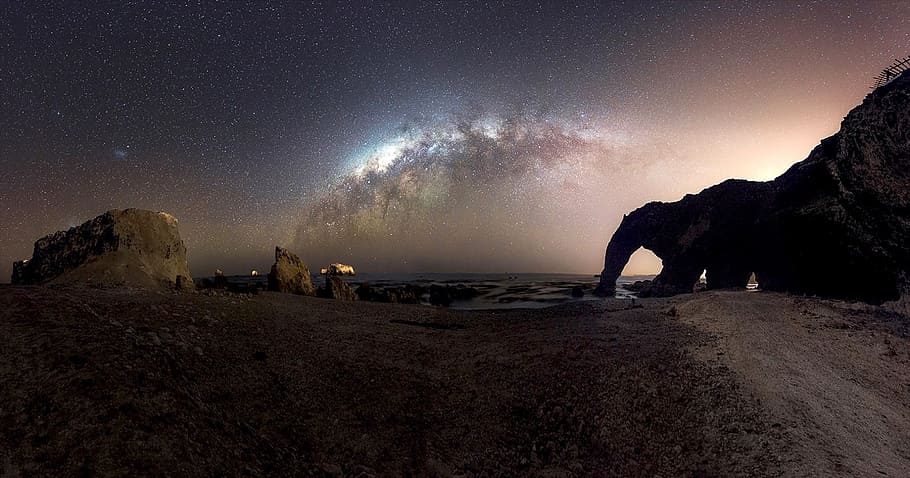 rock mountain near sea under dark sky, sand, star, figure stone elephant, HD wallpaper