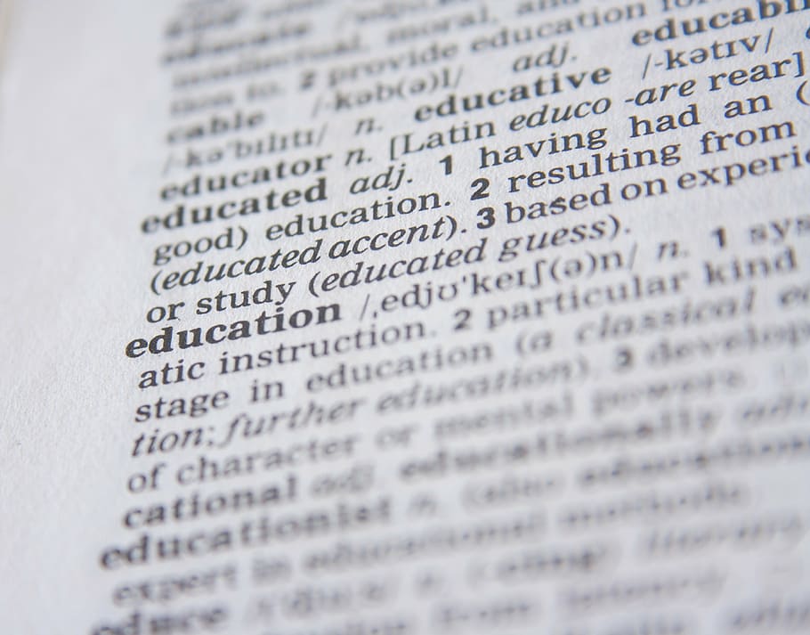 white book page with education text overlay, dictionary, word HD wallpaper