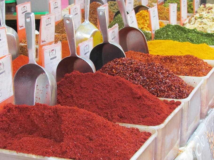 assorted spices on white plastic bins, market, bazaar, jerusalem HD wallpaper