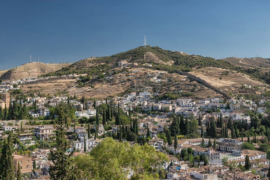 granada, spain, landscape, mountains, buildings, houses, trees HD wallpaper