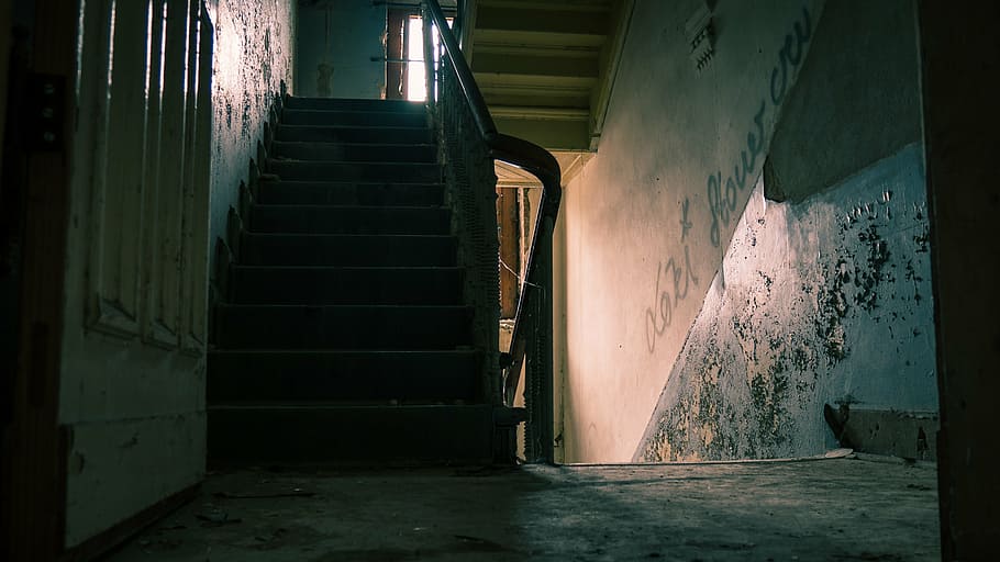 concrete steps on room, lost place, staircase, old, broken HD wallpaper