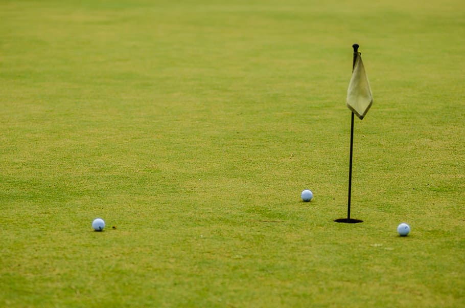 three golf balls on green grass at daytime, course, landscape HD wallpaper