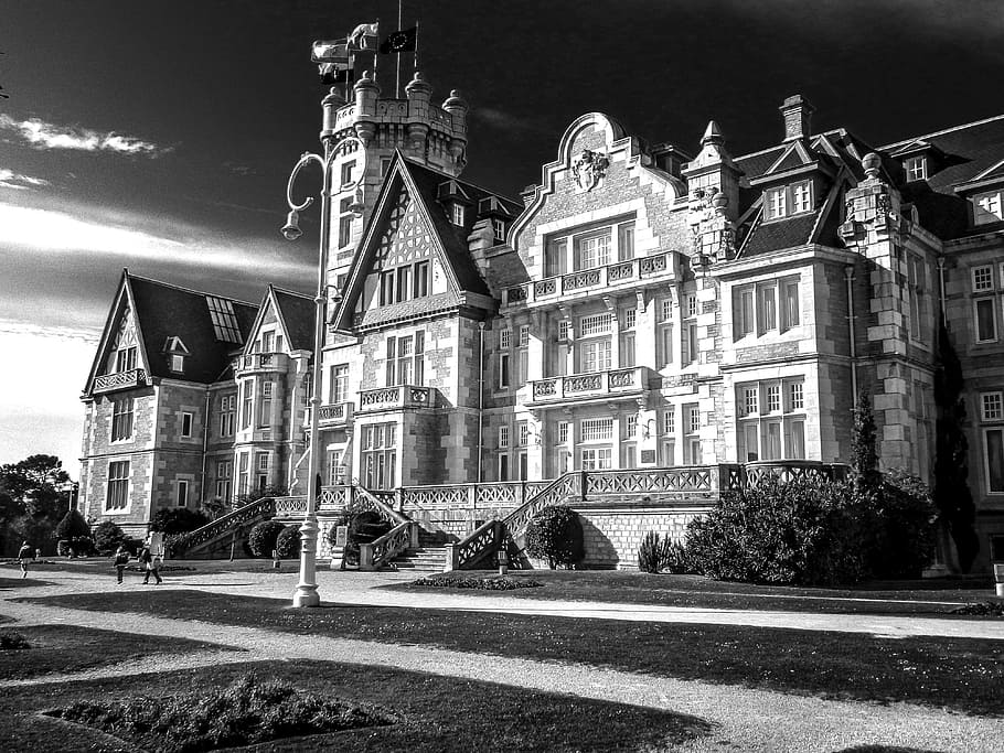 grayscale of mansion, castle, palace, magdalena, santander, architecture