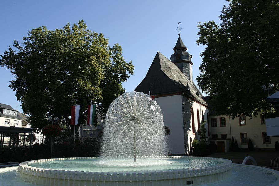fountain, city, space, tree, architecture, built structure HD wallpaper