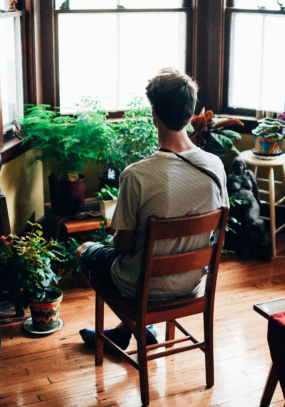 man sitting on chair, man sitting in front of leafed plants, guy