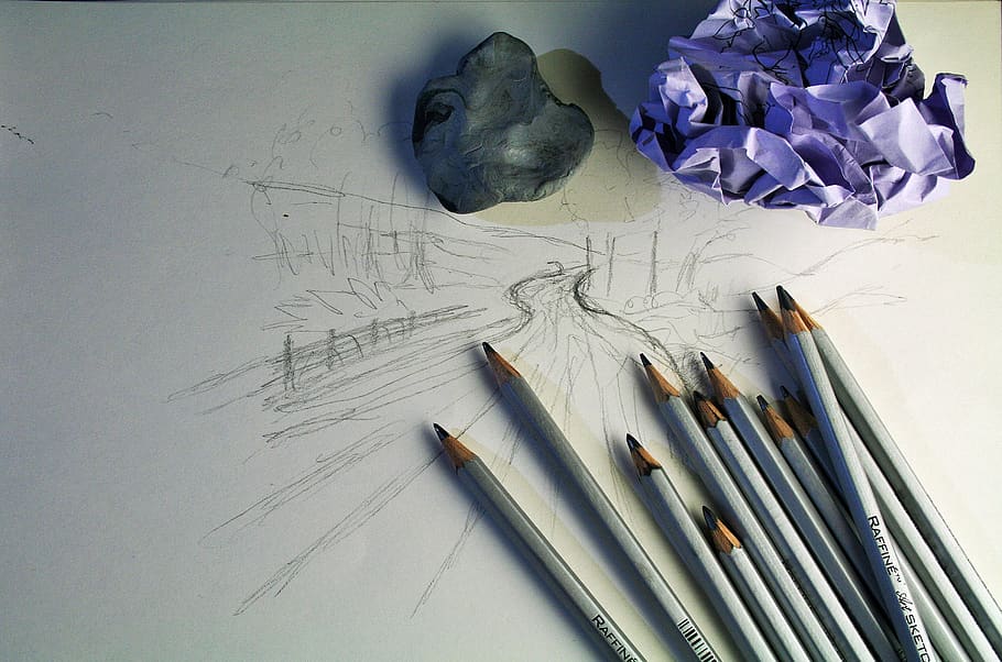 art pencils, sketch pad, drawing, paper, crumpled, eraser, art and craft, HD wallpaper