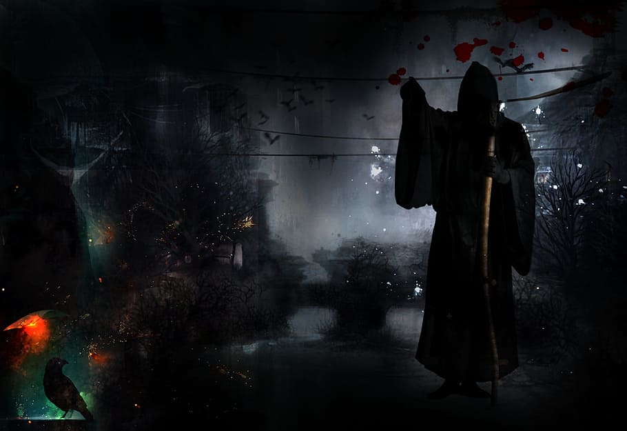 black grim reaper painting, death, dark, horror, raven, halloween, HD wallpaper