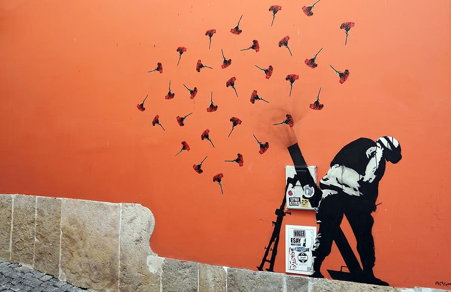 soldier firing mortar flowers illustration, graffiti, street, HD wallpaper