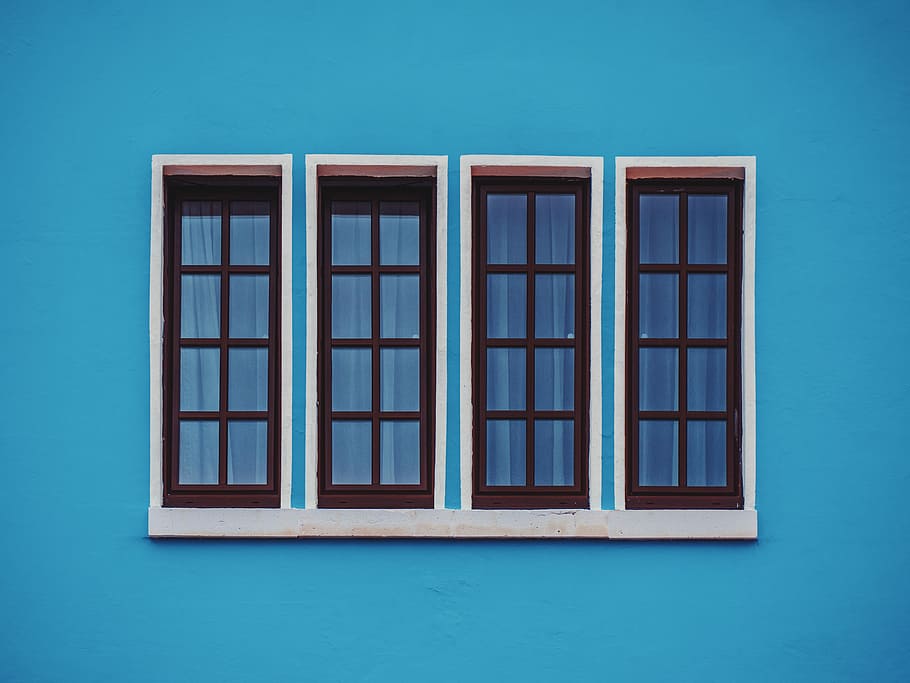 clear glass windows in blue concrete wall, photo of 4-panel window HD wallpaper