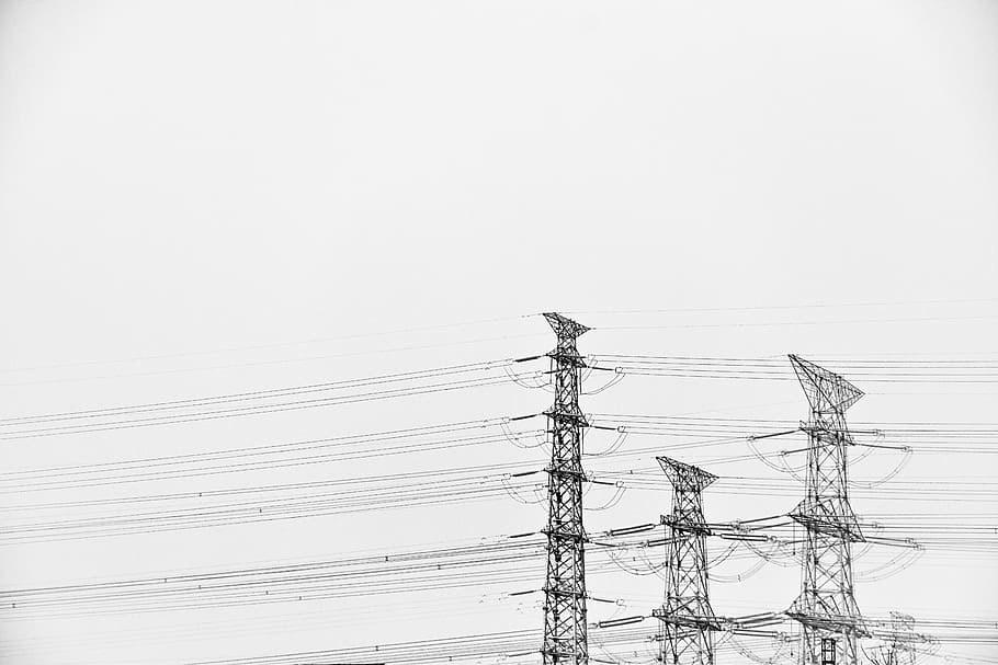 gray transmission towers, power lines, telecommunications, cables HD wallpaper