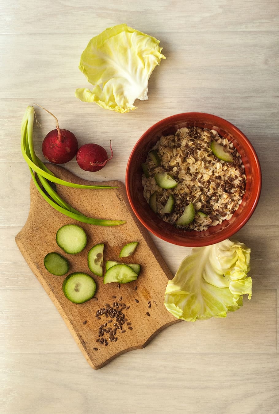 stir rice on bowl beside cabbage, food, onion, porridge, green, HD wallpaper