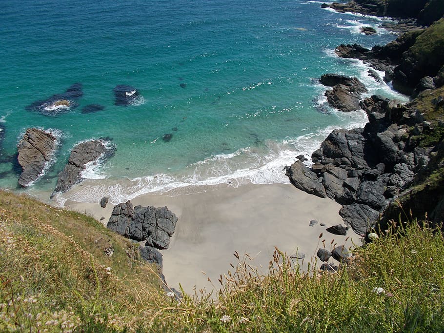 landscape, seascape, cliffs, cornwall, summer landscape, beach HD wallpaper