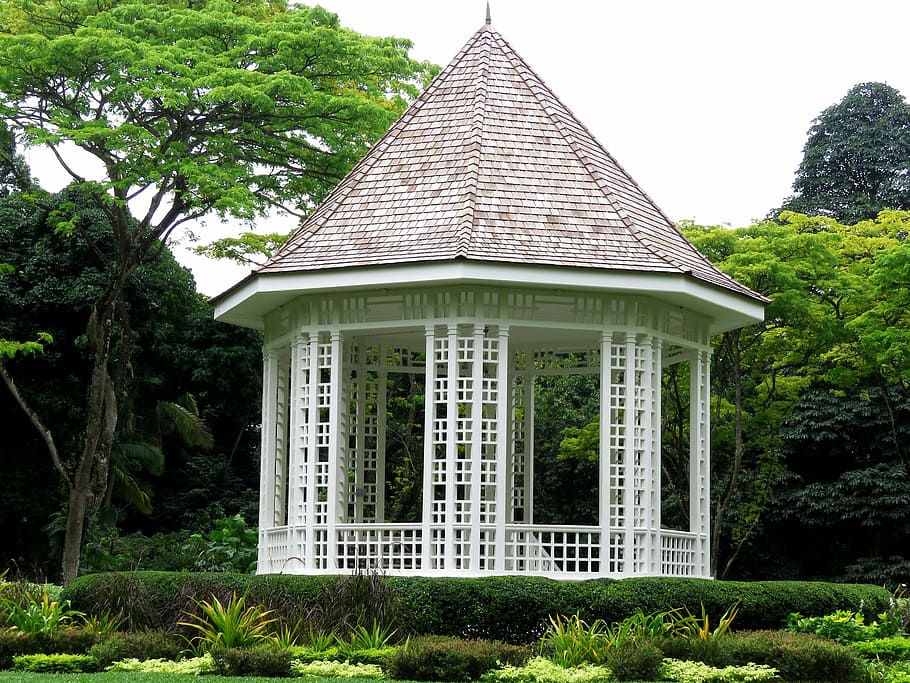 white and red gazebo surrounded by trees, Singapore, Botanic, Garden, HD wallpaper
