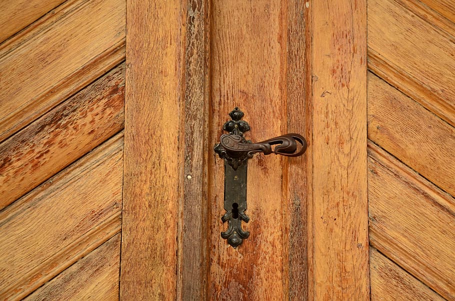 brass-colored door lever, door knob, wood, grain, structure, input, HD wallpaper