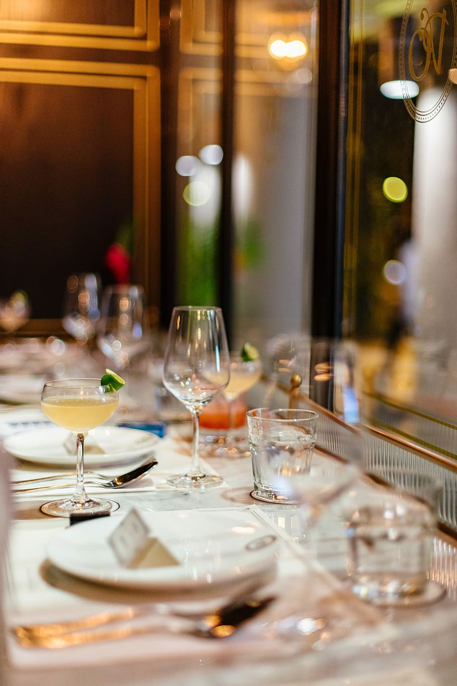 selective focus photography of stemmed glass, clear drinking glasses on table HD wallpaper