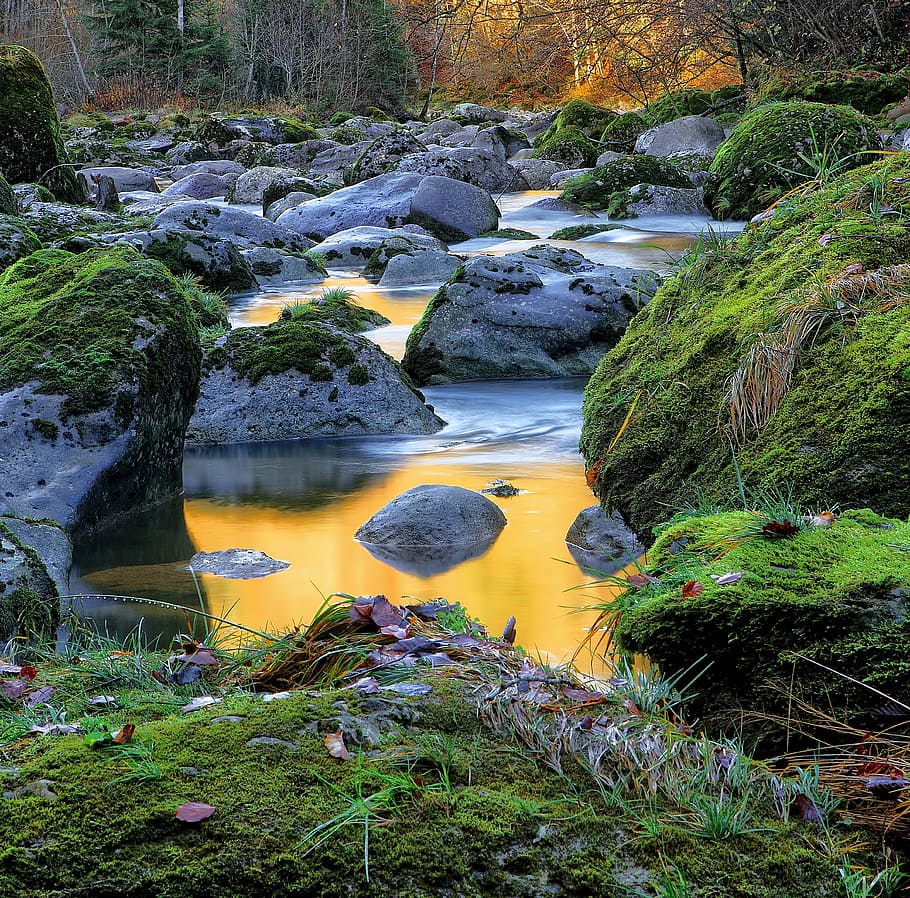 body of water surrounded by stones, river, rocks, green, grass HD wallpaper