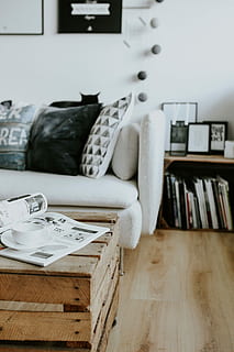 Contemporary black-and-white home decor, interior, sofa, magazines HD wallpaper