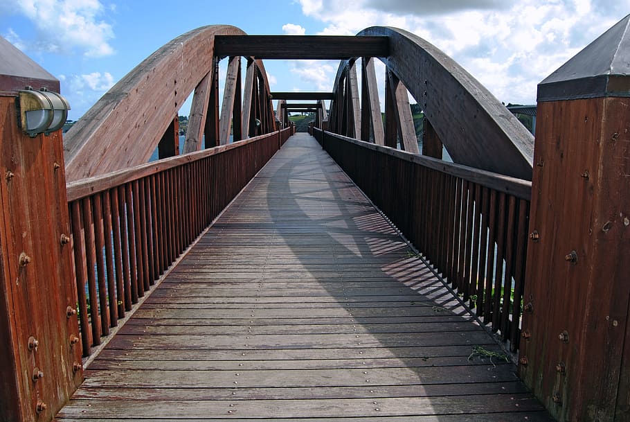 bridge, wood, water, clouds, nature, sky, viewpoint, landscape HD wallpaper