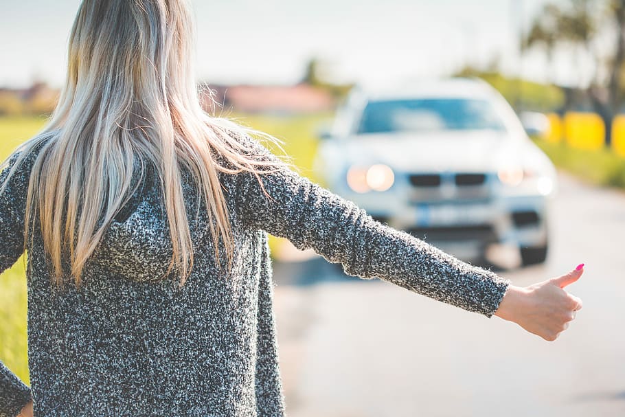 Blonde Woman Hitchhiking Because of Her Broken Car, cars, countryside