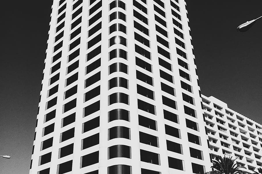 greyscale photography of high-rise building, low, angle, concrete HD wallpaper