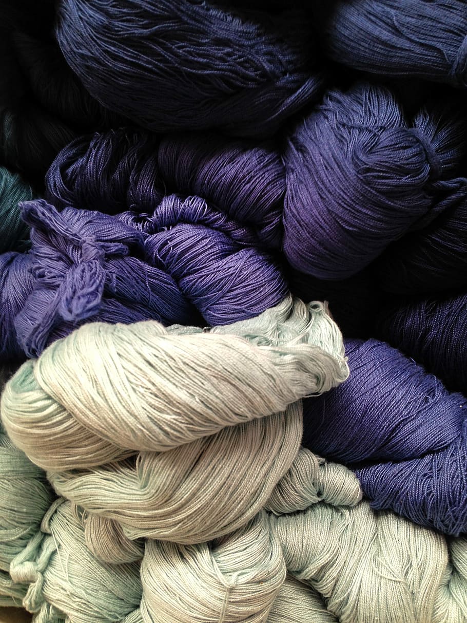 gray and purple yarns, photo of blue and beige thread lot, purple thread HD wallpaper