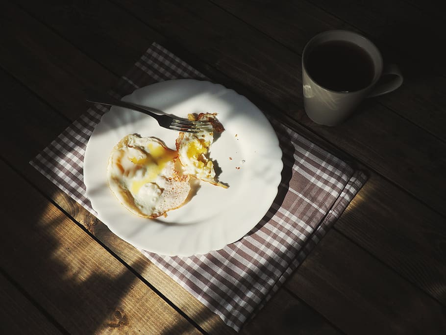 table, cloth, plate, fried, egg, coffee, cup, food and drink HD wallpaper