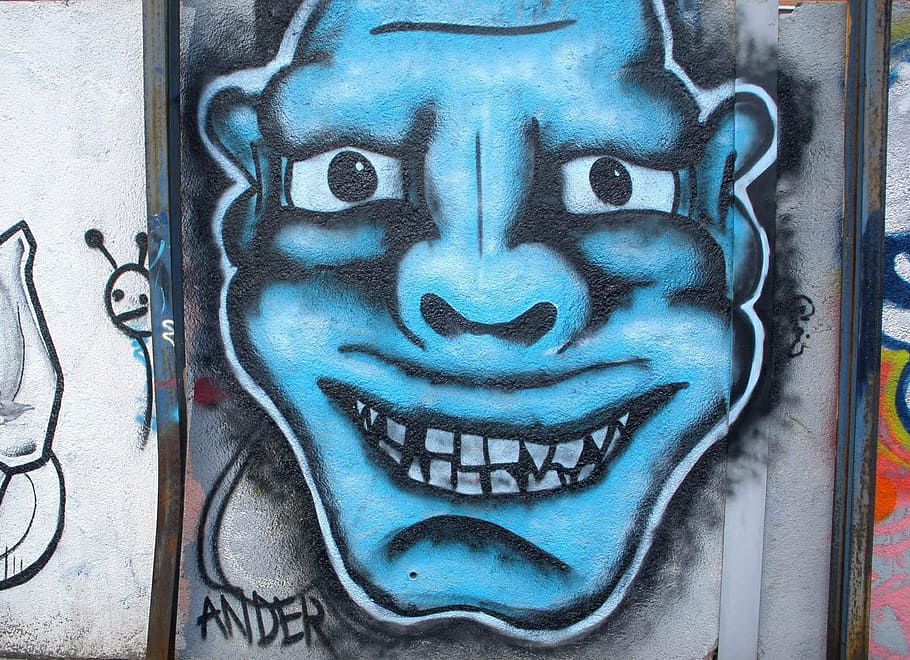 graffiti, face, blue, deusto, bilbao, art, artwork, mural, creative HD wallpaper