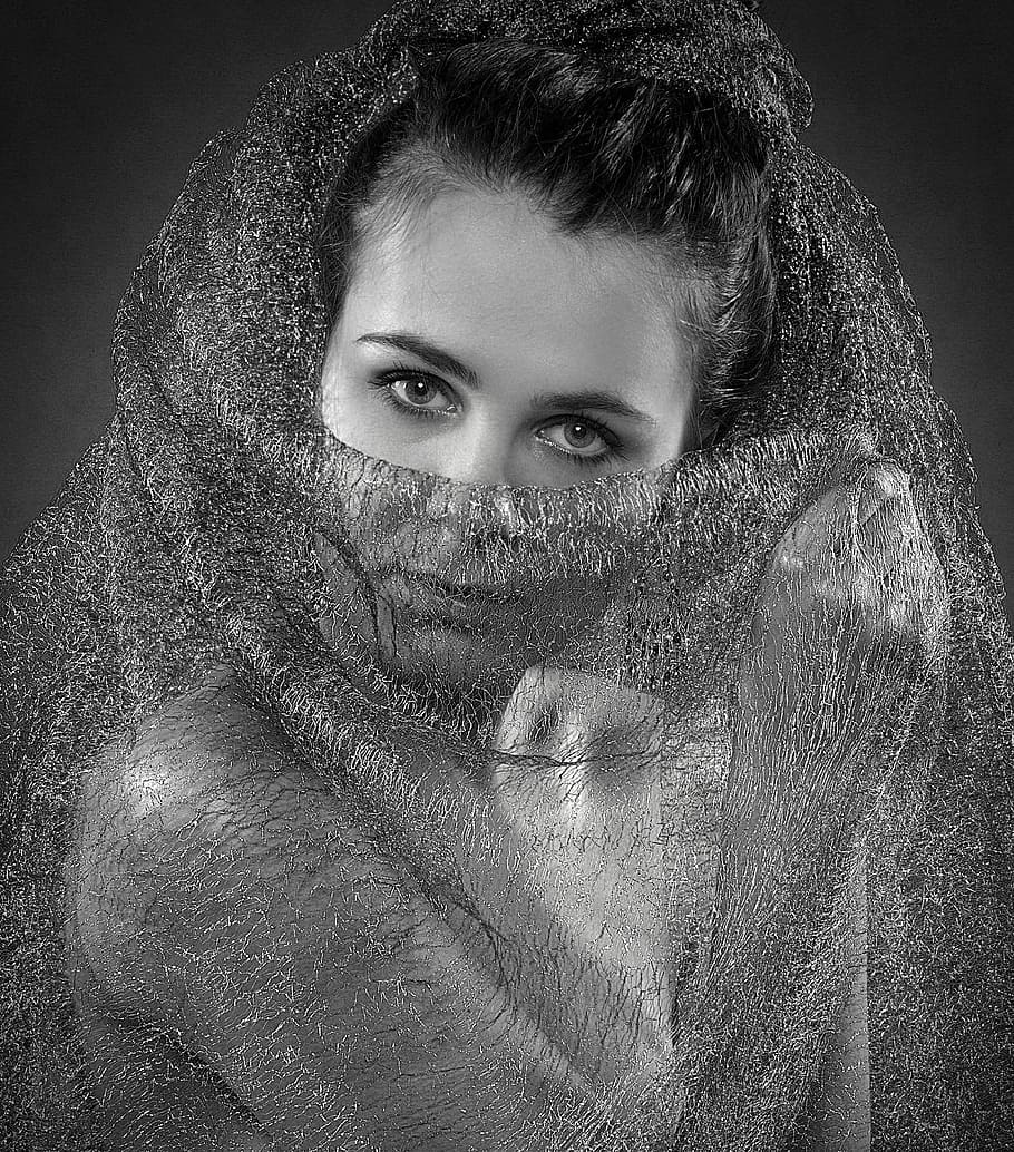grayscale photo wearing scarf, girl, portrait, face, shadowed, HD wallpaper