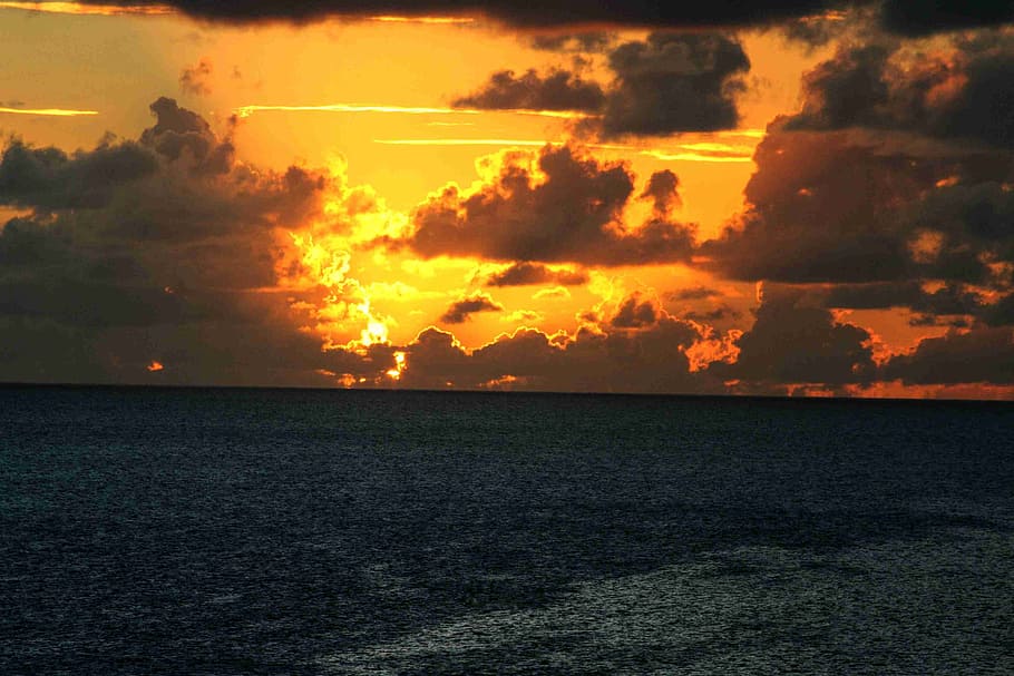 sun, setting sun, sunset, water, clouds, sky, sea, evening sky HD wallpaper