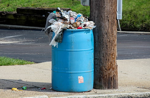 blue plastic container filled with garbage, trash, recycling HD wallpaper