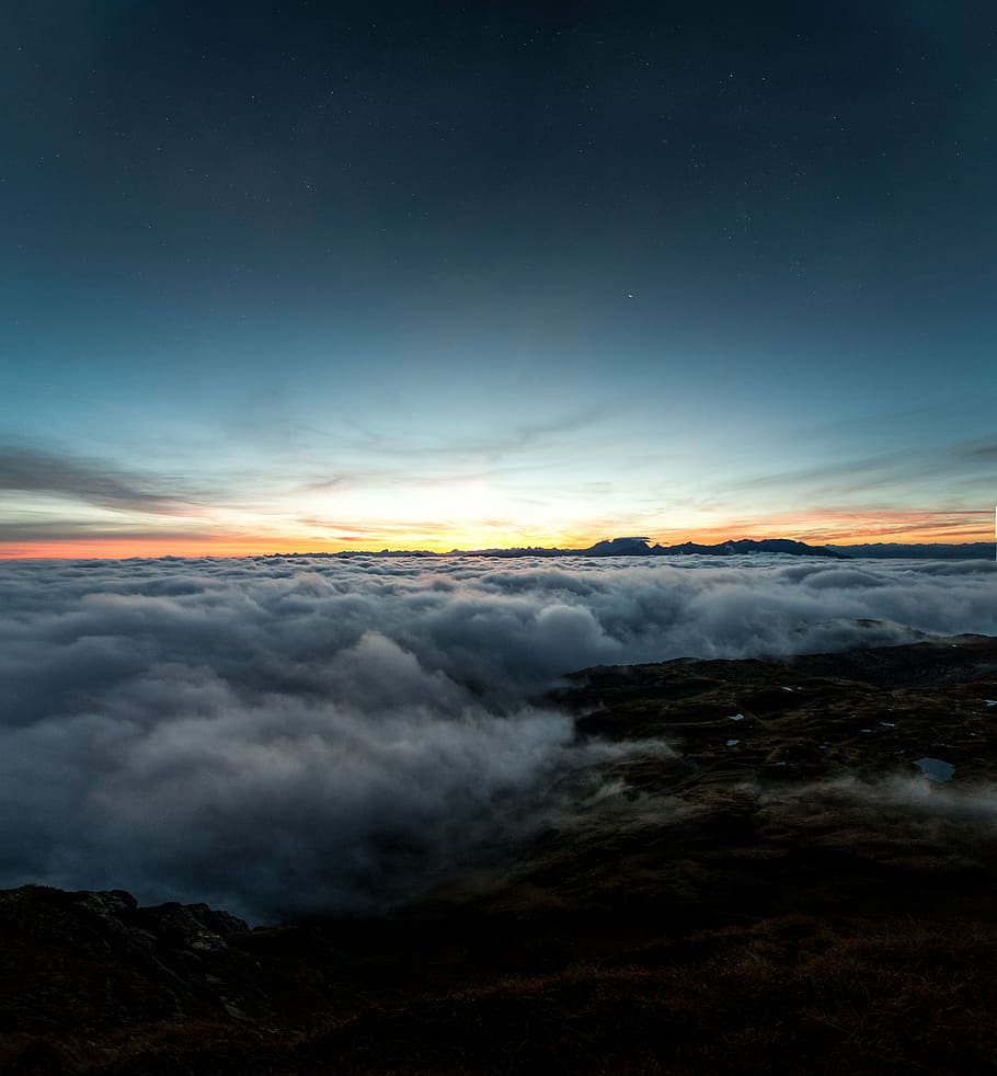 sea of cloud during sunrise, mountain, peak, landscape, dark HD wallpaper