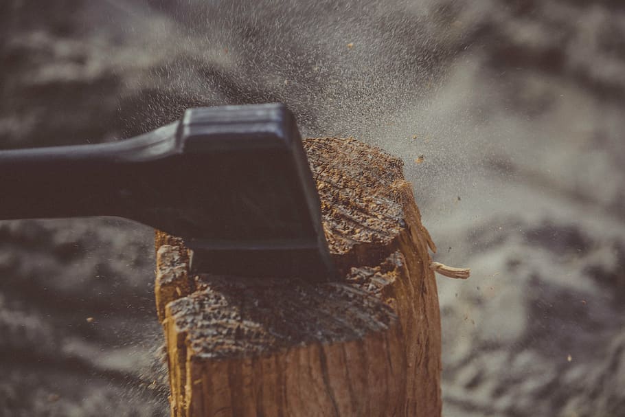 action, axe, blur, chop, close-up, cut, dark, dust, light, log HD wallpaper