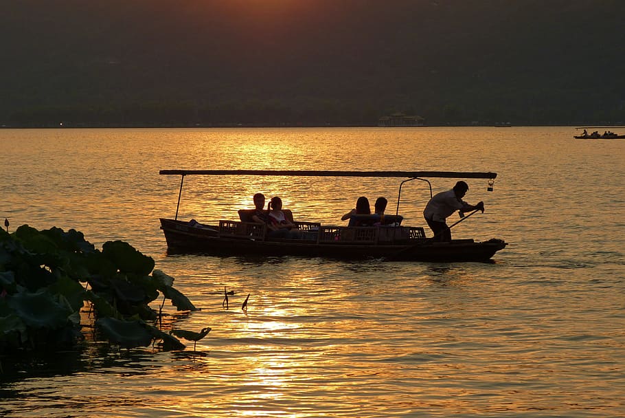 Sunset, Silhouette, Setting Sun, Orange, boat, water, nautical vessel HD wallpaper