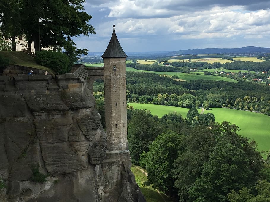 tower, elbe sandstone mountains, landscape, tree, plant, built structure HD wallpaper