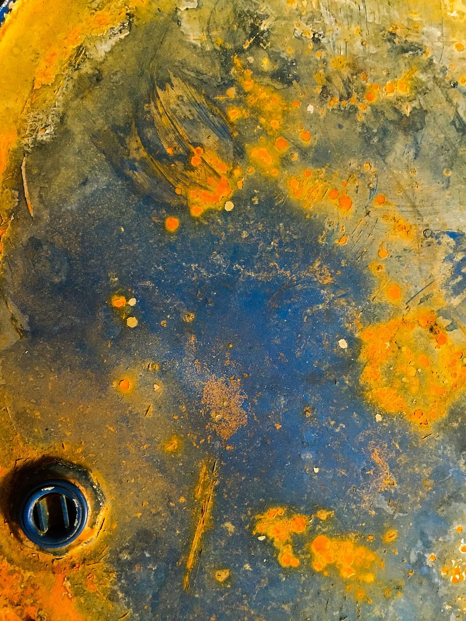 blue and yellow steel tank, texture, metal, barrel, rust, abstract HD wallpaper