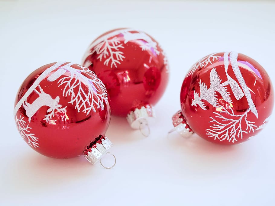 three red baubles, three red-and-white christmas baubles, decor HD wallpaper
