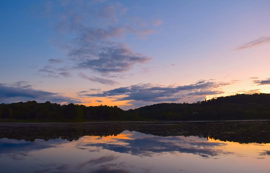 sunset, lake, clouds, water, sky, nature, landscape, reflection HD wallpaper
