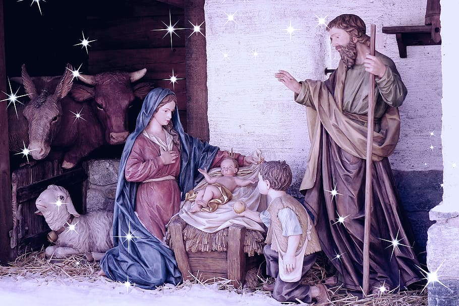 Nativity painting, crib, christmas flu, wood carving, child, artwork, HD wallpaper