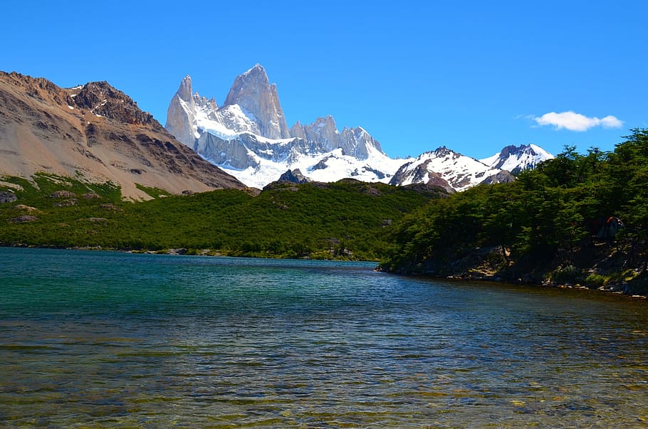 lake with green mountain near snowy mountain, torres del paine