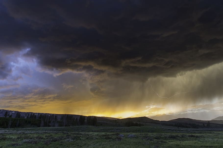 mountain under gray clouds, thunderstorm, sunset, sky, rain HD wallpaper