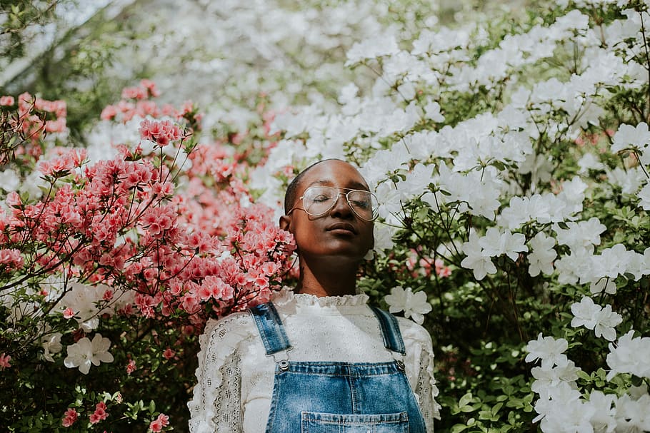 Lost in The flowers, woman wearing top near flowers, person, spring HD wallpaper